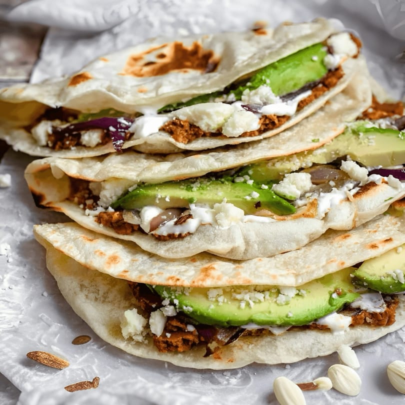 Three Golden Kitchen Mexican Bar & Grill tacos filled with meat, avocado, cheese, and sour cream.